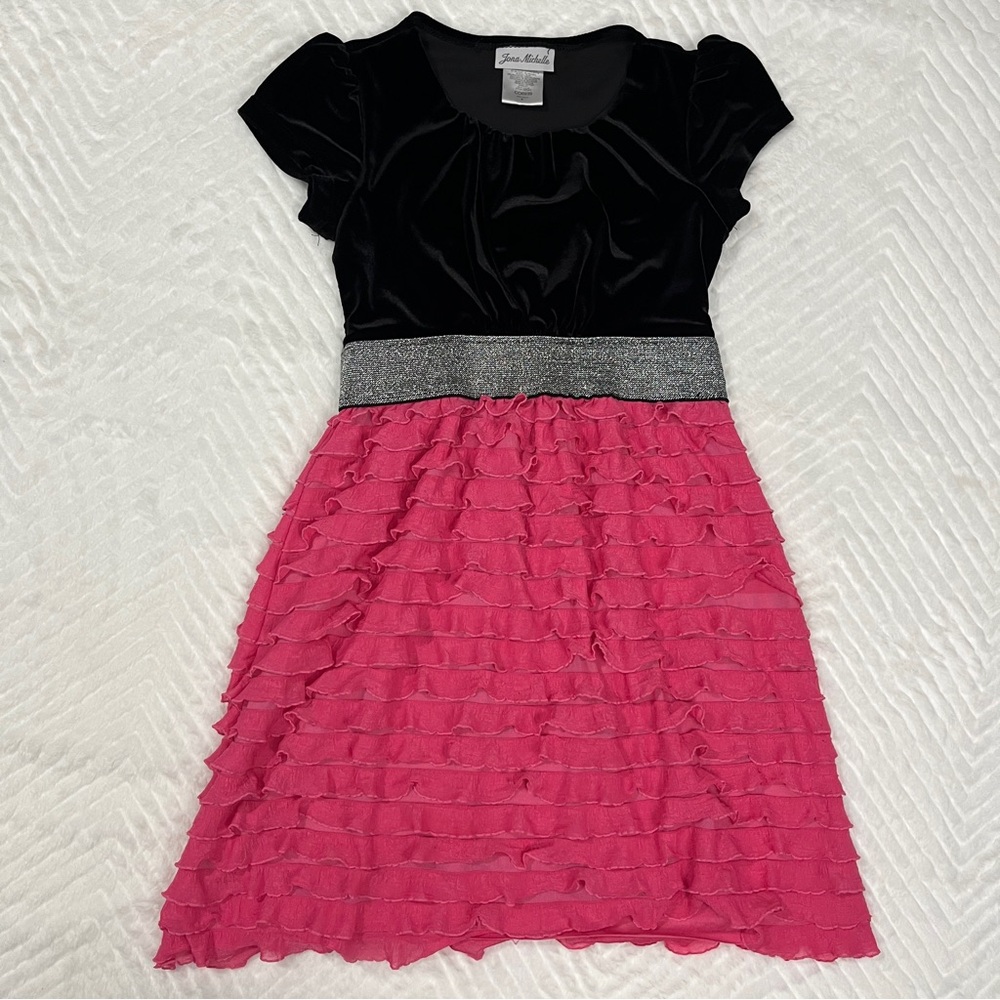 Jona Michelle Velvet Black‎ Pink Tiered Ruffle Dress size 8 girls semi formal